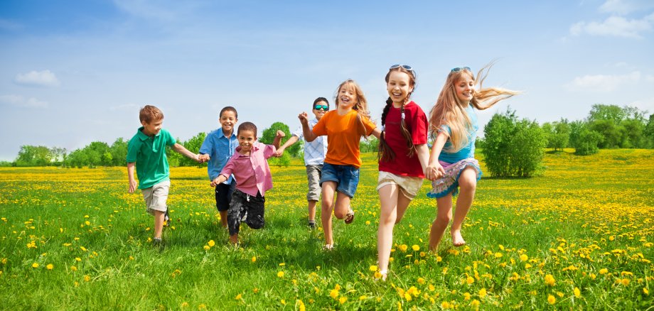 Kinder rennen auf einer Wiese im Sommer